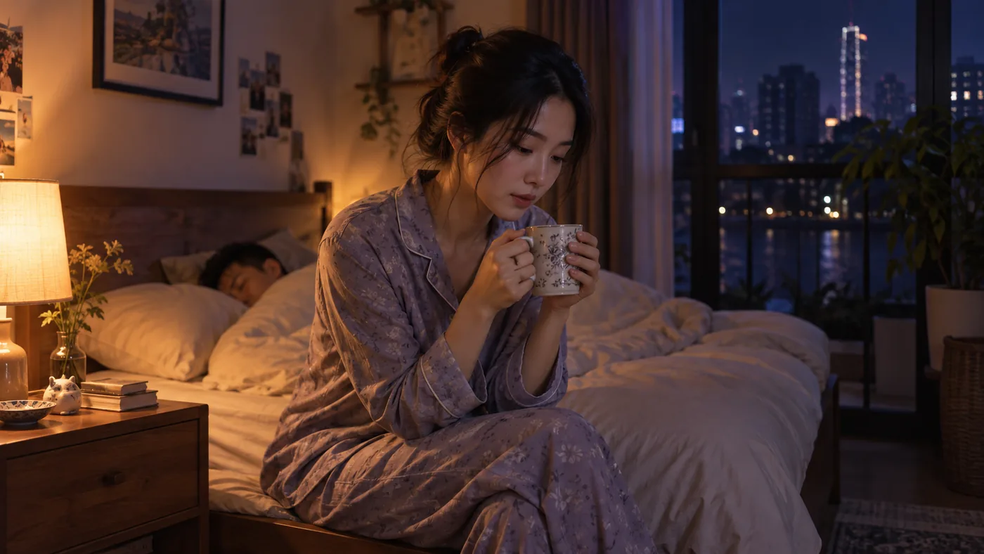 Người ngồi trên mép giường lúc đêm, tay cầm cốc, bạn đời đang ngủ