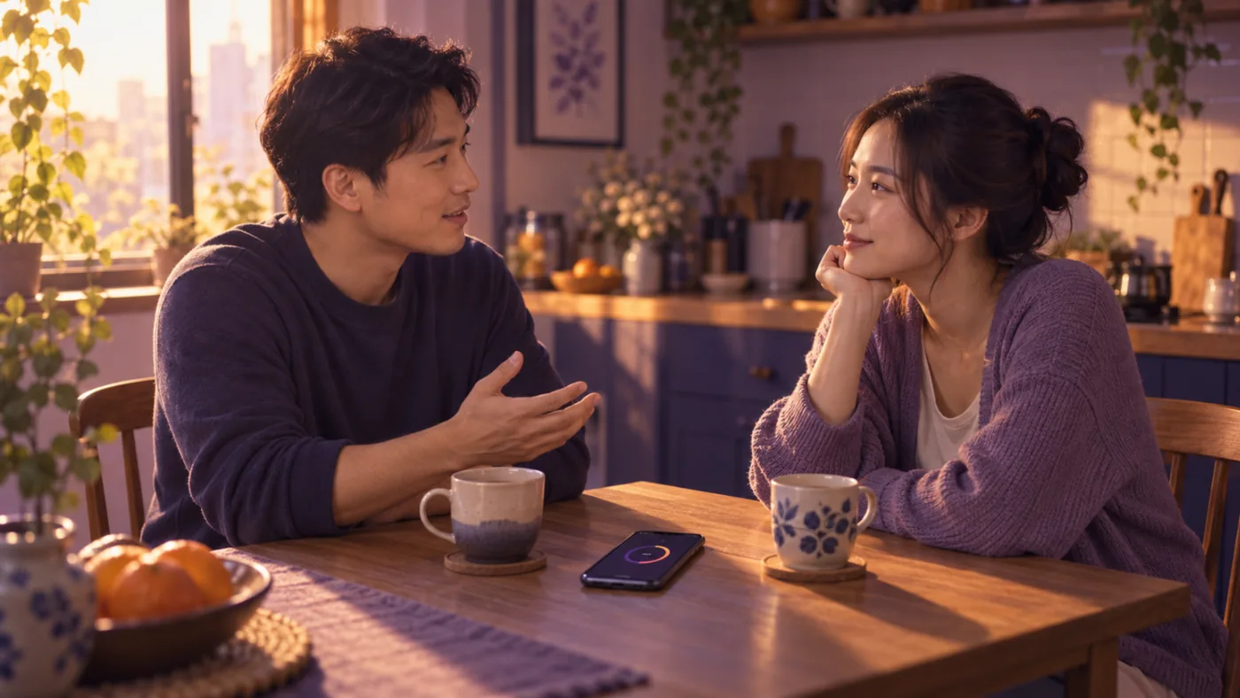 Cặp đôi ngồi bàn bếp nói chuyện với nhau